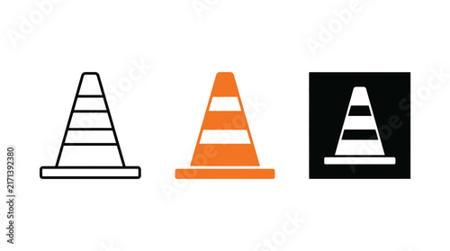 Traffic Cone Icon Set Vector Illustration, Safety Pylon Symbols for Road Construction and Maintenance, Orange Flat Style and Black Outline Design Isolated on White Background.