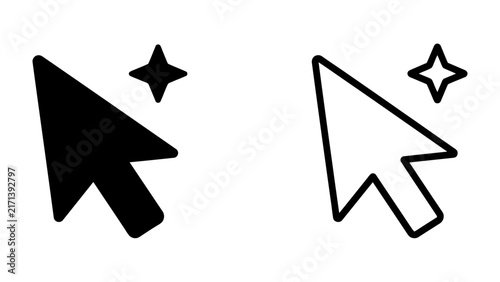 Cursor Icon Set: A set of two cursor icons, one solid black and one outlined white, both accompanied by a sparkling star, symbolizing selection or a magical click.