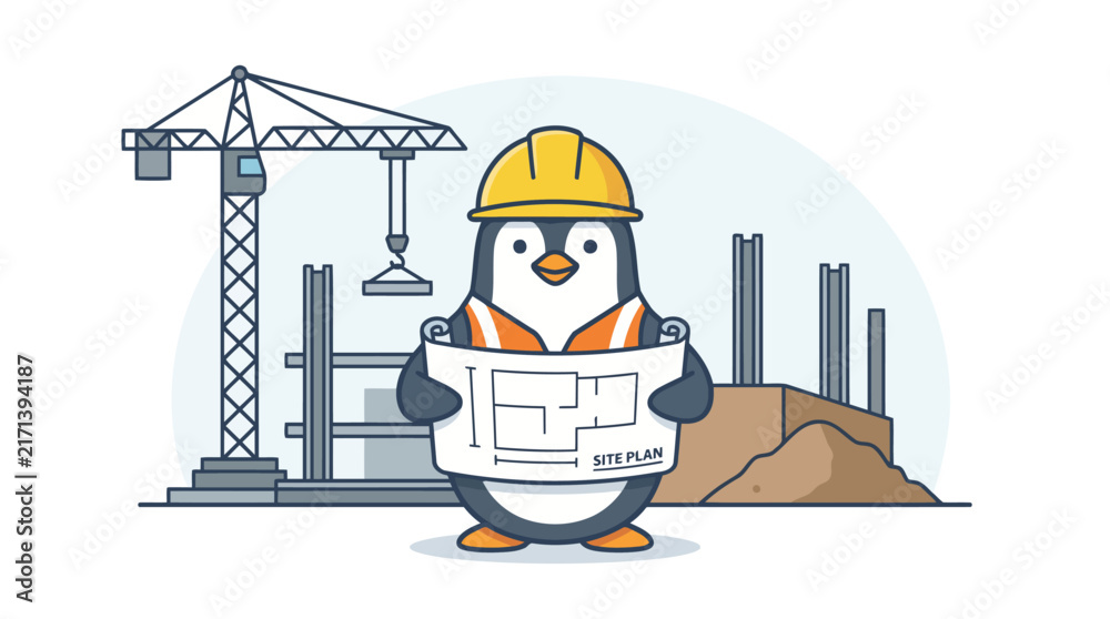 Naklejka premium Penguin architect holding blueprints at construction site.