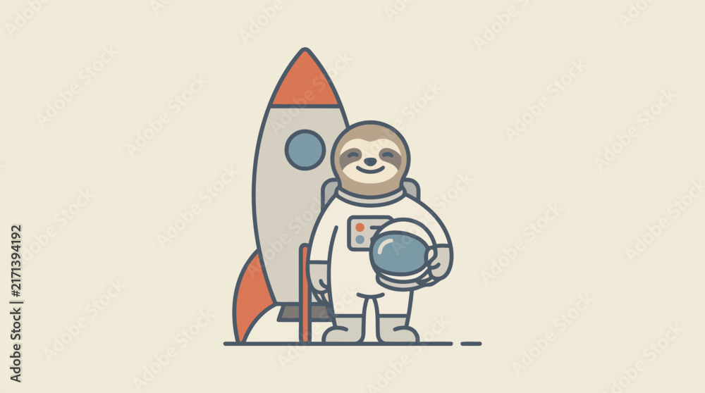 Naklejka premium Sloth Astronaut Standing Next to Rocket Ship Ready for Space Travel.