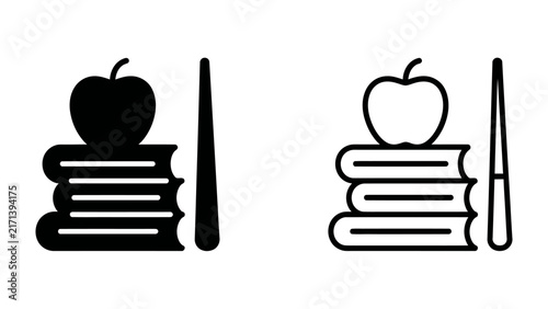 Foto Education Iconography: A classic symbol of learning, featuring a stack of books topped with an apple and a pointer, representing knowledge and academic pursuit