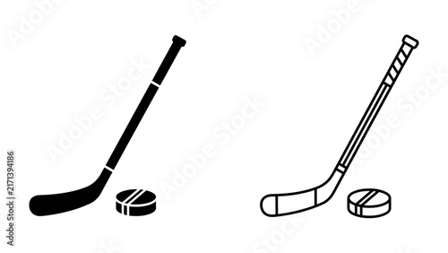 Canvas Print Ice Hockey Equipment Icons: A minimalist depiction of ice hockey essentials, featuring a classic hockey stick and puck in both solid silhouette and outline styles