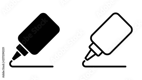 Glue Bottle Icon: A set of simple icons depicting a glue bottle dispensing a line of glue, one filled black and the other as an outline, perfect for craft or stationery themes.