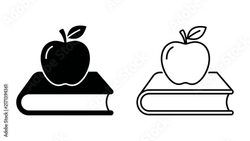 Apple on Book Icons: Simple graphic icons featuring a book with an apple on top, presented in both solid black and line art styles, symbolizing education and knowledge.