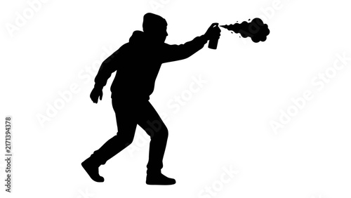 Graffiti Artist Silhouette: A silhouetted figure wearing a beanie and hoodie sprays black paint from an aerosol can, captured mid-action against a plain backdrop, embodying urban art and rebellion.