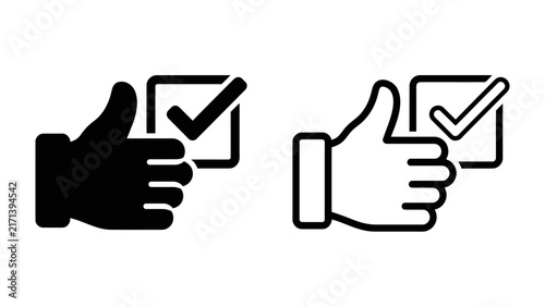 Thumbs Up with Checkmark Icons: Simple graphic icons featuring a thumbs-up gesture next to a checkmark symbol, representing approval, agreement, or completion.