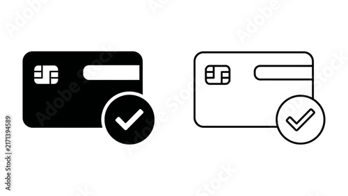 Credit Card Transaction Icons: Two stylized icons depict credit cards with integrated chip technology and a checkmark, signifying a confirmed transaction or payment approval.