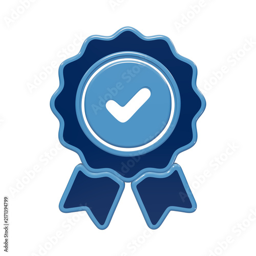3D glossy blue assurance badge icon representing certification approval success and verified standards for services isolated on a transparent background