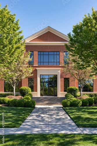 Modern brick office building with green lawn and trees on sunny day
