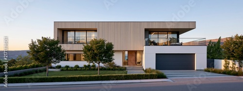 Modern luxury house exterior architecture with wood panel and glass balcony