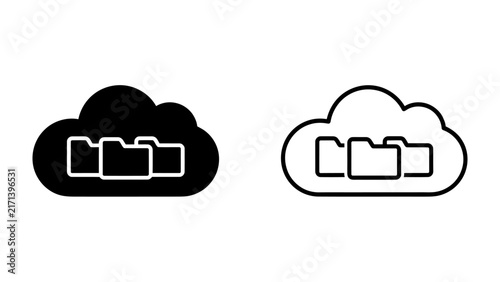 Cloud Storage Icons: Two stylized cloud icons representing digital data storage, one solid black and one outlined, each containing multiple document folder symbols.
