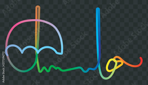 Abstract rainbow gradient single line art of umbrella and word ola, ideal for cheerful weather, greeting, or branding themes.