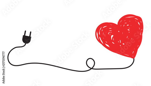 Drawn red heart shape connected to black electrical plug via cord, representing love, power, or energy. Symbolic concept on clear background.