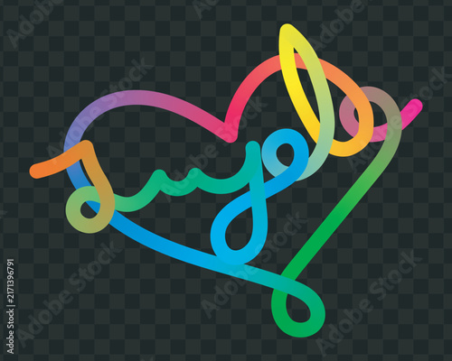 Abstract heart shape in rainbow gradient with flowing lines spelling joy, symbolizing happiness, love, and positive vibes.