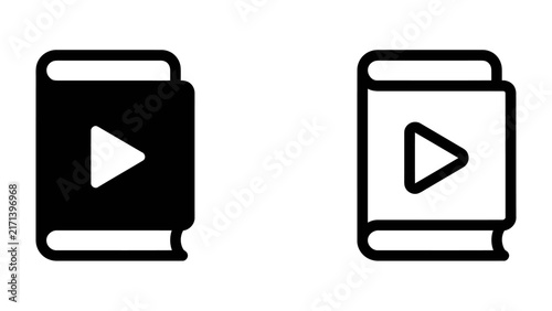 Digital Book Icon: A simple, modern icon set featuring two stylized books, one solid black and one outlined white, each with a play button symbol, representing digital content or multimedia learning.