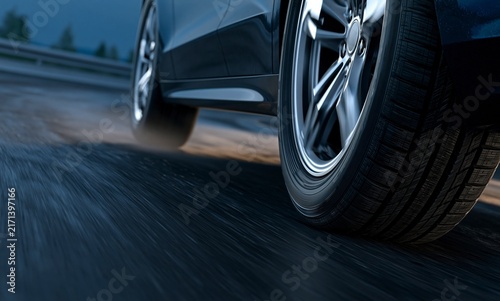 Modern passenger car wheel rolling fast on highway during dusk hour ride