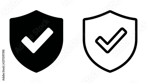 Security Shield Icons: Two shield icons, one solid black and one outlined, both featuring a white checkmark, symbolize protection, security, and verification.