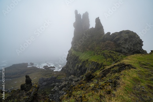 The Londrangar are a pair of rock pinnacles in Iceland. They are volcanic plugs of basalt, that have been hewn out from softer surrounding rock by erosion.