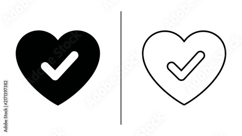 Heart with Checkmark Symbol: A stylized heart symbol, presented in both solid black and outline form, each featuring a prominent checkmark, representing approval, confirmation, or positive selection.