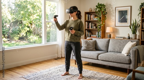 Woman Using Virtual Reality Headset at Home