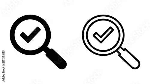 Magnifying Glass with Checkmark Icons: Two clear and concise icons featuring a magnifying glass paired with a checkmark, symbolizing search, confirmation, and verification.