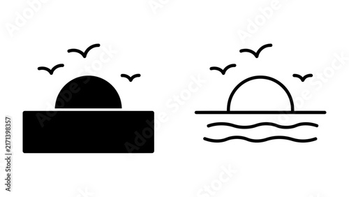 Sunrise and Birds Icon Set: A minimalist collection of icons featuring a rising sun with birds in flight, symbolizing new beginnings and peaceful moments in nature.
