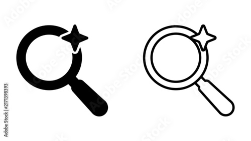 Magnifying Glass Icons: Two magnifying glass icons, one solid and one outlined, both adorned with a sparkle or star, symbolize discovery, search, and analysis.