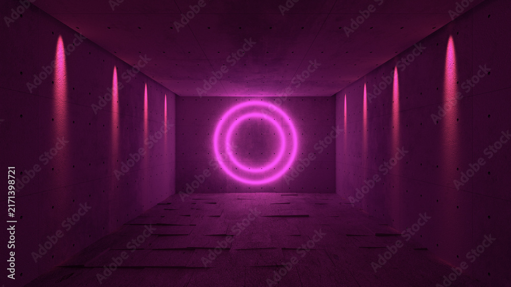 Naklejka premium Futuristic tunnel with light and interior views. 3rd performance 3d background purple circle upper light