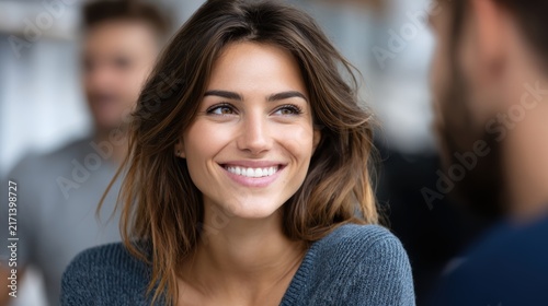 Confident businesswoman smiling during a workplace conversation