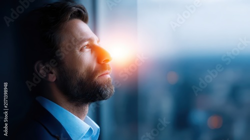 Businessman looking out office window gazing at cityscape