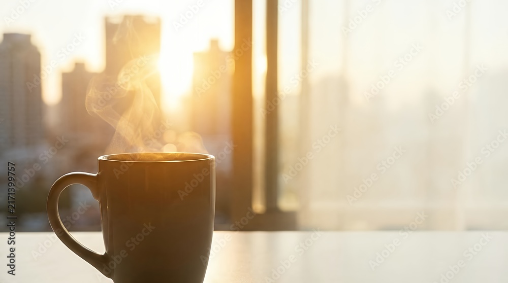 Fototapeta premium Hot Coffee or Tea Cup with Steam Smoke on Shining Sun Background: View from the window to city buildings coffee hot coffee or tea cup with steam smoke on shining sun background view from the window