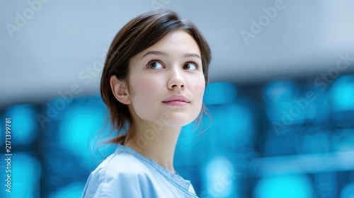 Smart young woman looking up with thoughtful expression in laboratory