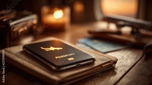 Passport and travel accessories on wooden table during sunset