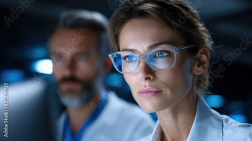 Scientists analyzing biometric data in research laboratory
