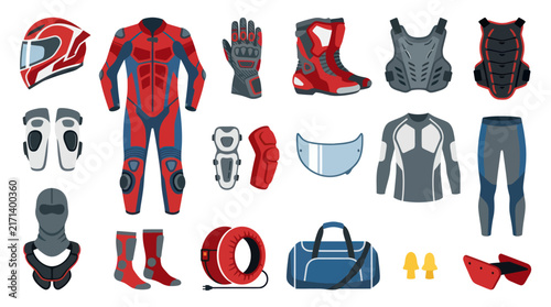 Motorcycle Gear Collection: Red and Blue Racing Suit, Helmet, Boots, Gloves, Protection
