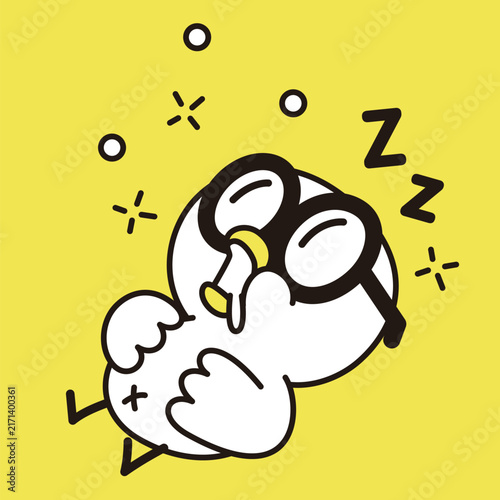 Minimalist vector illustration of a cute white bird with glasses, drooling, sleeping peacefully with ZZZ signs on a yellow background.