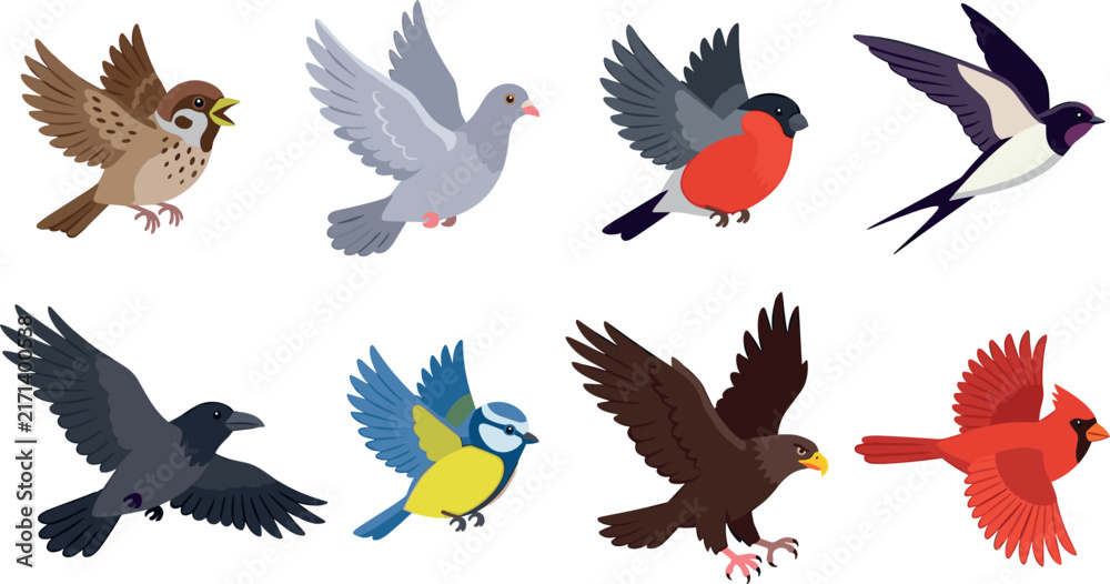 Obraz premium Flying Wild Birds Vector Icon Set Featuring Eurasian Sparrow, Rock Pigeon, Bullfinch, Barn Swallow, Black Crow, Blue Tit, Golden Eagle, and Northern Cardinal