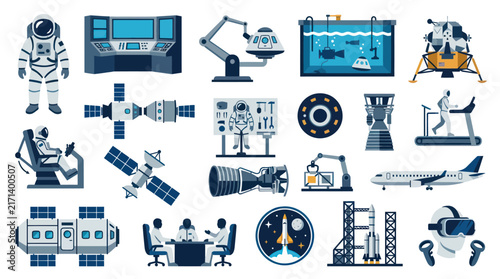 Flat Design Space Exploration Icons: Astronauts, Rockets, Satellites, Spacecraft