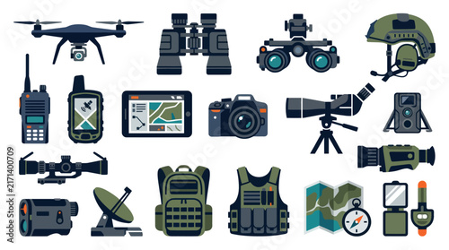 Military and Outdoor Gear Flat Icons: Drone, Binoculars, Camera, Vest, Map