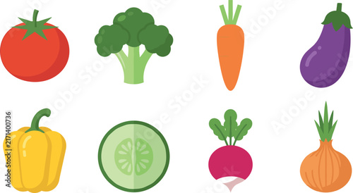 Fresh Garden Vegetables Flat Icon Set featuring Red Tomato, Broccoli, Carrot, Eggplant, Yellow Bell Pepper, Cucumber Slice, Radish, and Onion for Organic Food Designs