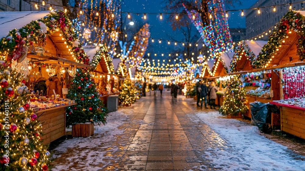 Fototapeta premium Festive Christmas market at night with glowing string lights, decorated wooden stalls, snow-covered ground, and holiday trees creating a warm, magical winter atmosphere.