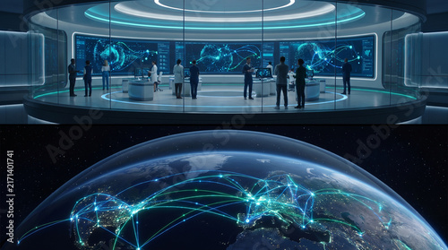 Futuristic Control Room with Global Network Visualization