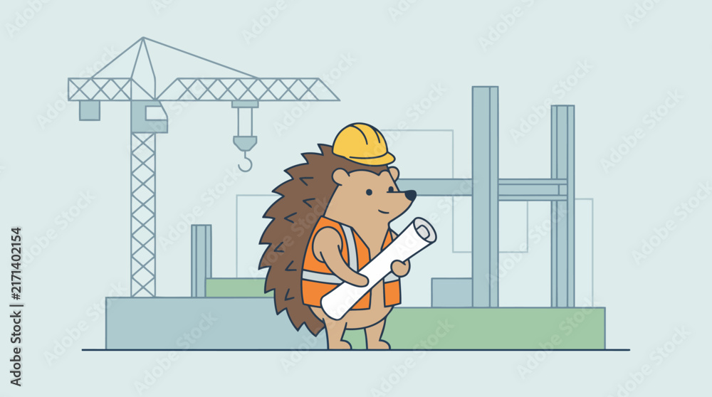 Naklejka premium Hedgehog construction worker holding blueprints at building site.