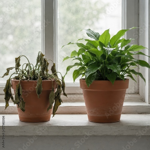 Wilted Potted Plant Beside A Thriving One On A Windowsill