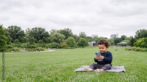 Toddler Hispanic Boy Using Smartphone in Modern Park Setting