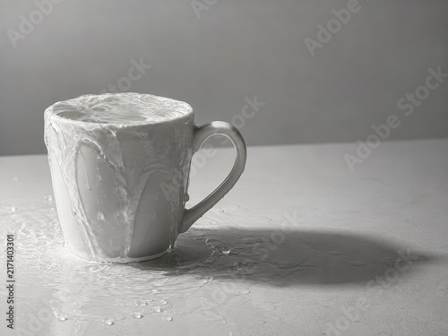 Overflowing cup of water spilling across a plain table burnout concept