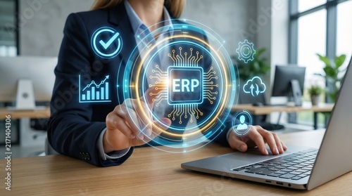 ERP software system for enterprise resource planning improves workflow and management in business operations with digital technology interface