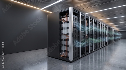 Obraz na płótnie Futuristic data center server racks featuring liquid cooling pipes and high speed data processing capabilities.