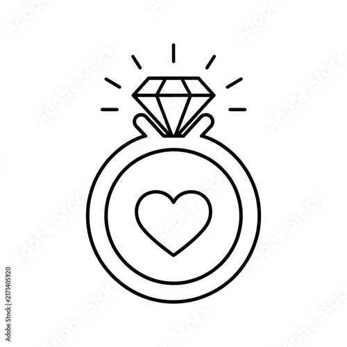 Diamond ring icon with heart inside line art for engagement branding.
