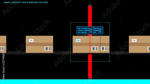 Warehouse Package Barcode Scanning Animation with Red Laser, Logistics Tracking and Delivery Technology